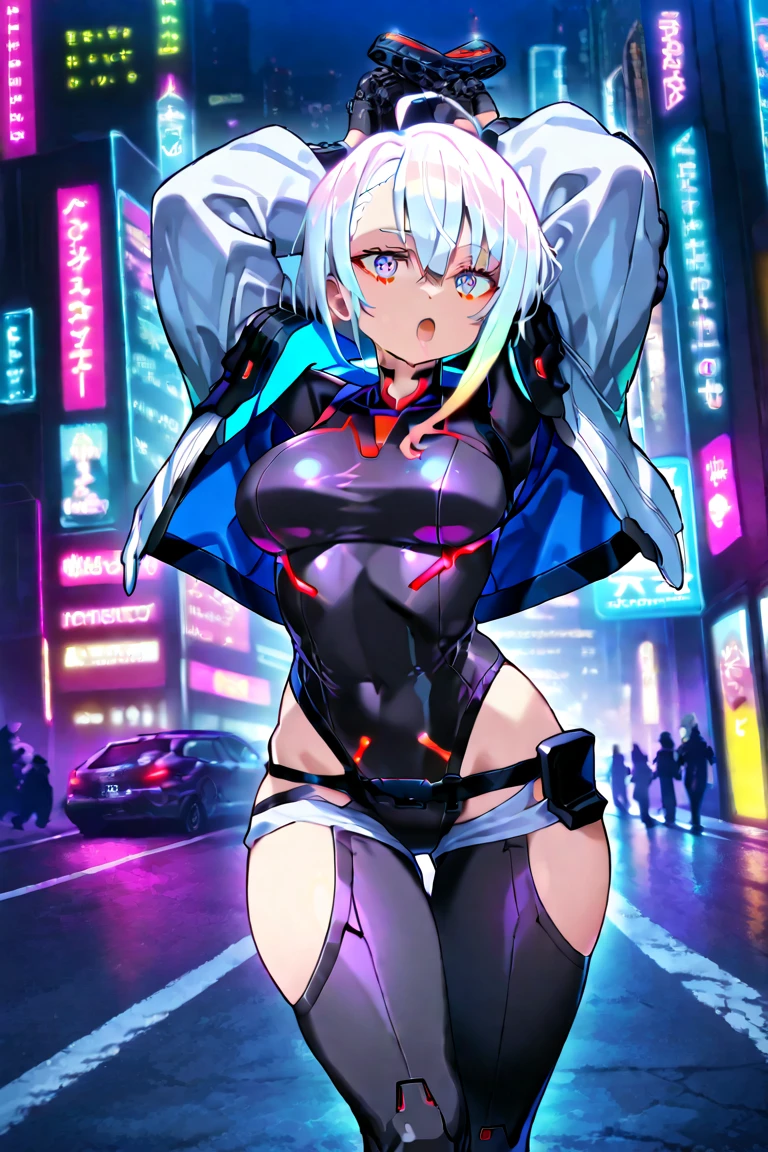 dramatic lighting, highlights, body facing viewer, ((best quality)),((highly detailed)),masterpiece,absurdres,detailed face,beautiful dramatic lighting, night time,(detailed eyes, deep eyes),1girl,((dynamic pose)) , lucy, solo, jacket, multicolored hair, ((massive breasts)), ((pale skin)), hands behind head