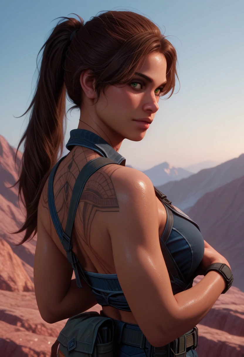view from behind. slim Lara Croft standing waist high in a river in the jungle at night. Wet body. Wearing Wet clothes. Wet see-through white top. She is soaking wet. Wet hair. Beautiful face. Perfect anatomy. Arms by her side. (Left arm on left hand side, right arm on right hand side). Giant bosom G cup size. Humongous Nipples. Outrageous protrusion from her symmetrical and slim and extremely convex butt, poking out behind her. Creating the illusion of a wide mile deep butt crack.. Perfectly straight white teeth. wearing tight white latex pants. Full body view! Only two arms. Not three arms. No brown coloured clothing. Equal butt cheek size.