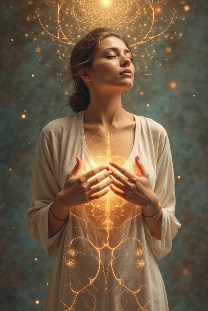 An image with a human being with the energetic nervous system that is transformed into gold coins from the pelvic base to the heart. It could represent a kind of symbolic metamorphosis where the vital energy of the being is converted into tangible wealth or value as it flows from the base of the body towards the emotional and spiritual center..
If you need more help with this or have any other questions, I'll be happy to help you!((mejor calidad)), ((obra maestra)), (detallado), cara perfecta