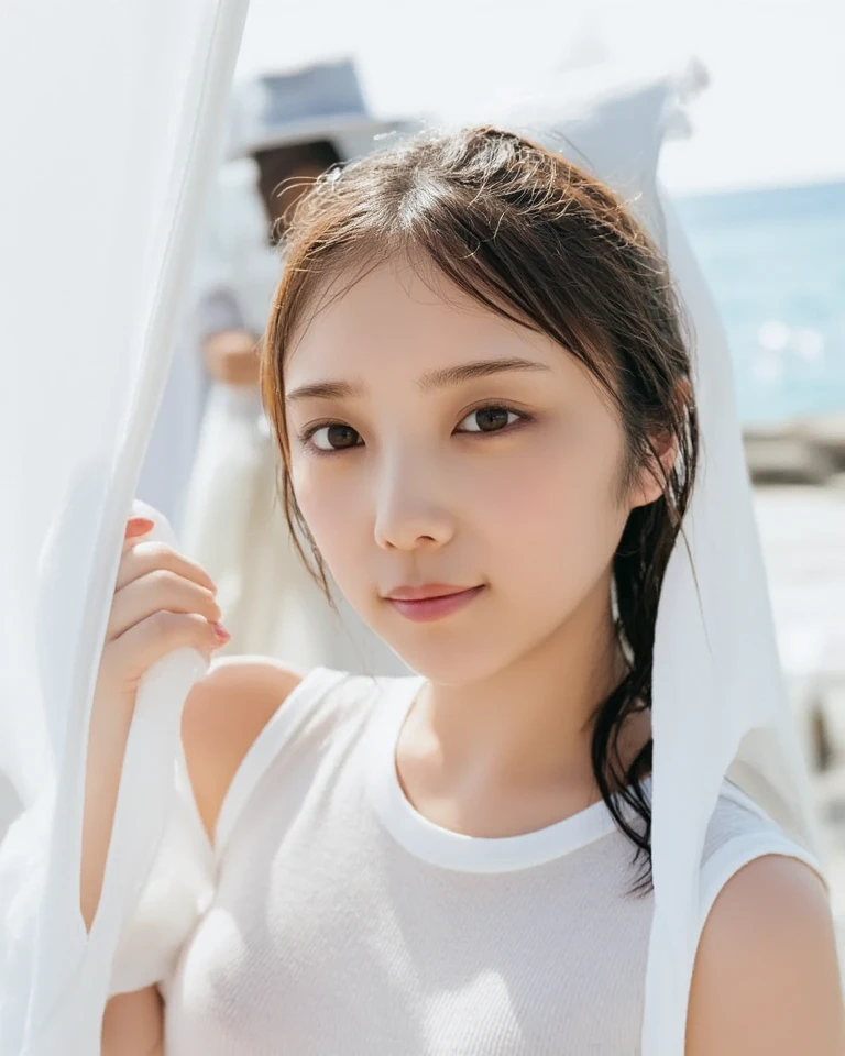 UHD, Close-up photo of a cute Korean woman, Tangjai looked straight at me.,) Chest size 40 inches, ponytail, Wearing a Bang Rong Sai T-shirt,) necklace, Playing in the water on the beach,) 8k Photos, Shot with a high quality Fuji 45 camera.,000,000 pixels warm light,) realistic light colors,)