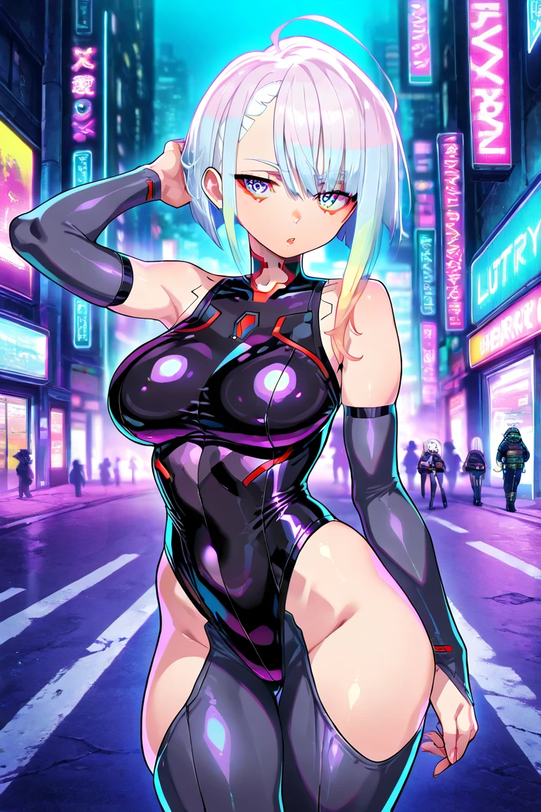 Picture an anime girl with a daring asymmetrical bob, metallic silver with a hint of lavender undertones. Her bikini, a futuristic amalgamation of titanium plates and intricate circuit patterns, exudes a sci-fi elegance. Posing amidst an urban landscape with neon-lit skyscrapers, she becomes the Titanium Temptress Tango. With a confident and alluring expression, she captures the essence of a cybernetic femme fatale, navigating the city of lights.