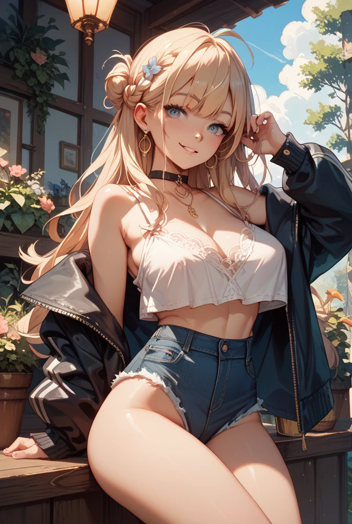 ((masterpiece, Highest quality, Very detailed)), anime CG,
One girl, 20 years old, gyaru, gyaru-style makeup, BREAK ((brown skin:1.3)), ((tanned skin:1,3)), ((blonde)), Long Hair, blunt bangs, wavy Hair, BREAK ((grey eyes:1.3)), ((slant eyes:1.3)),((thick thighs)), medium breasts,
((lots of pierced earrings, silver chain necklace, silver bracelet)),
((bare belly button, belly piercing)),
NSFW,
BREAK standing, looking at camera, ((focus panties)), smile,
BREAK ((white halter neck camisole)), ((cleavage)), ((leopard print panties)),
BREAK Outdoors, Amsterdam exterior, daytime, large windows, bicycles parked nearby, Dutch architecture, cozy atmosphere, people sitting at outdoor tables, pastries, warm colors, soft natural light,
