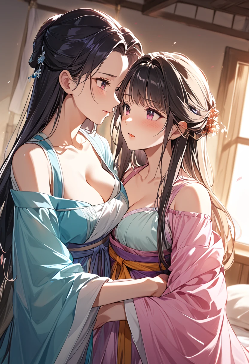 Two beautiful women with long braided red hair and mid wavy blond hair, respectivetly, with green eyes wearing a Mock Neck Cut Out Dress, Sexy Criss Cross Mock Neck ((Mid Sleeves)) Dress, ((luxurious jewelry)), standing in a fitting room, hugging closely and kissing each other (white skin), (red lipstick), (elegant mascara), (muscular body with abs), (small breasts) midjourney, <lora:GoodHands-, <lora:GoodLegs-, UHD, high resolution, (masterpiece:1.1, best quality), (expressive eyes, perfect face, full body, expressive face, perfect body, athletic, fit, slim body, blushing, Perfect makeup, eyeliner, beautiful eyelashes, smiling, horny face), ((Beige dress)), ((Grey dress)), ((Tight dress)), ((best illumination, best shadows)), ((lesbian kiss))