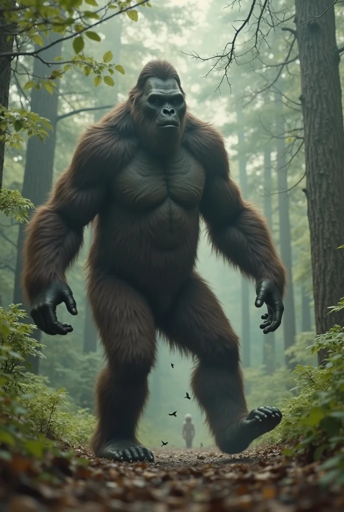 A sasquatch walking in a frozen forest