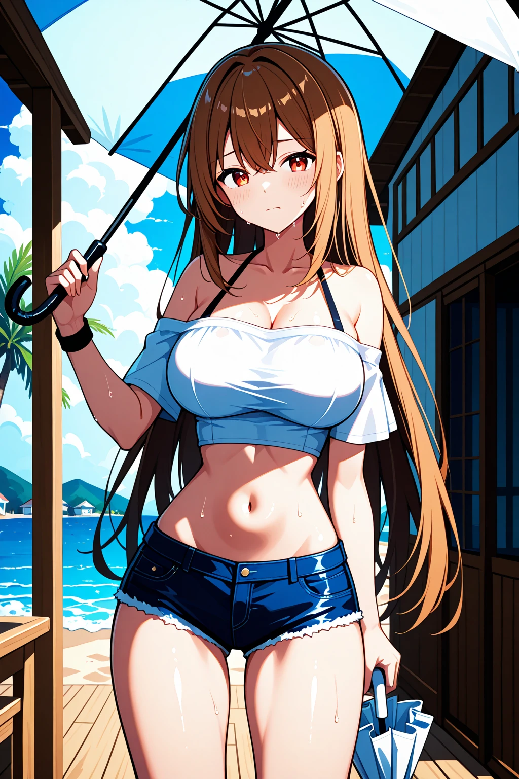 (masterpiece, best quality), 1girl,Peach Long Layered Hair, Size H breasts, <lora:girllikesandsculpture:0.8> seaside, world landmark sand sculpture, from side, bend over, head down looking down, holding a shovel, bikini, chiffon jacket, kneeling