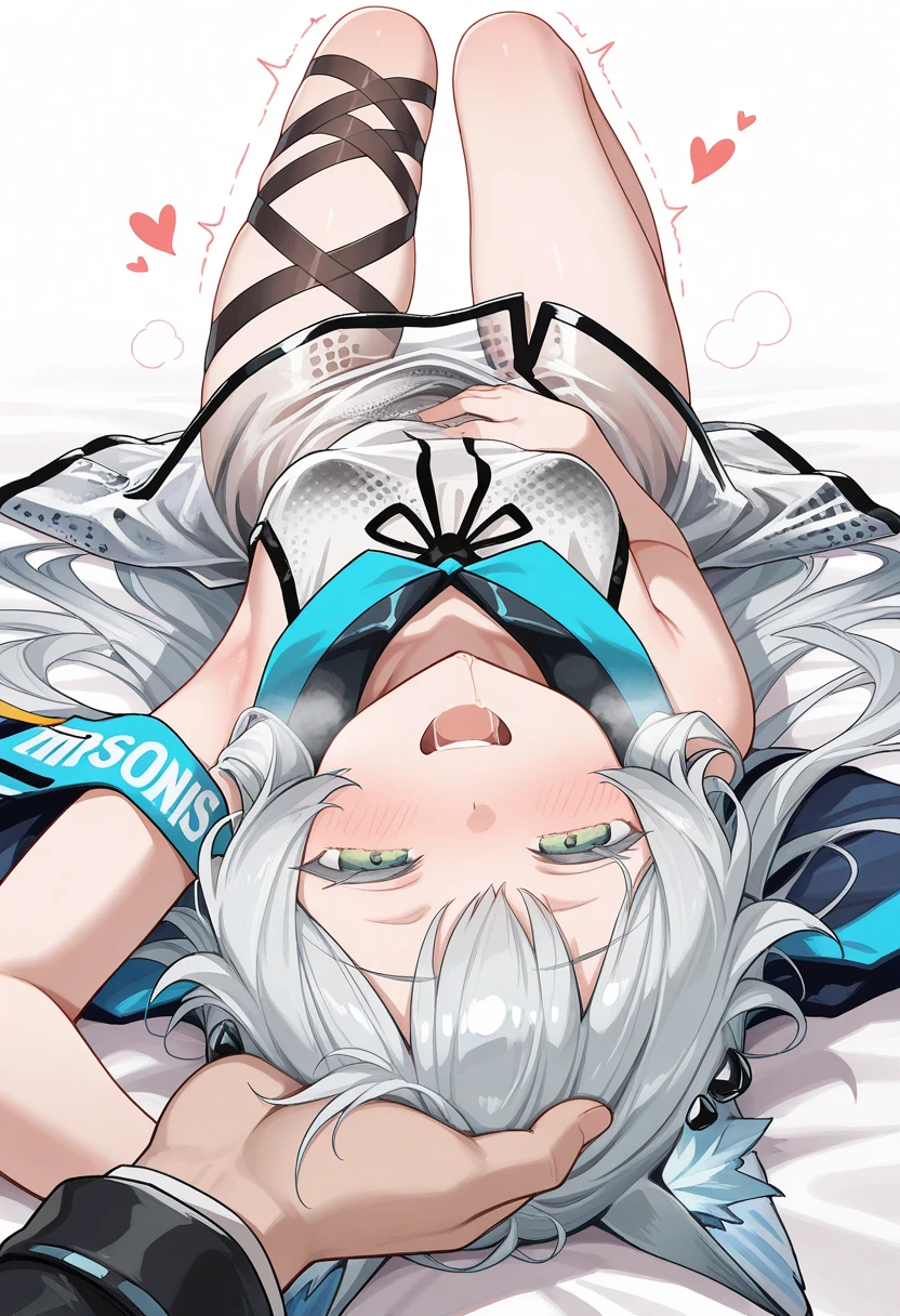 beautiful, masterpiece, Highest quality, anime, One girl,Portrait Shot, View your viewers, Covered、Long Hair、nearby、Blue Eyes、art、White hair,black streaked hair、Thighs、Braid、Light White_T-Shirts、 Purple Bikini、Pool、Bright、smile、Lying on your back