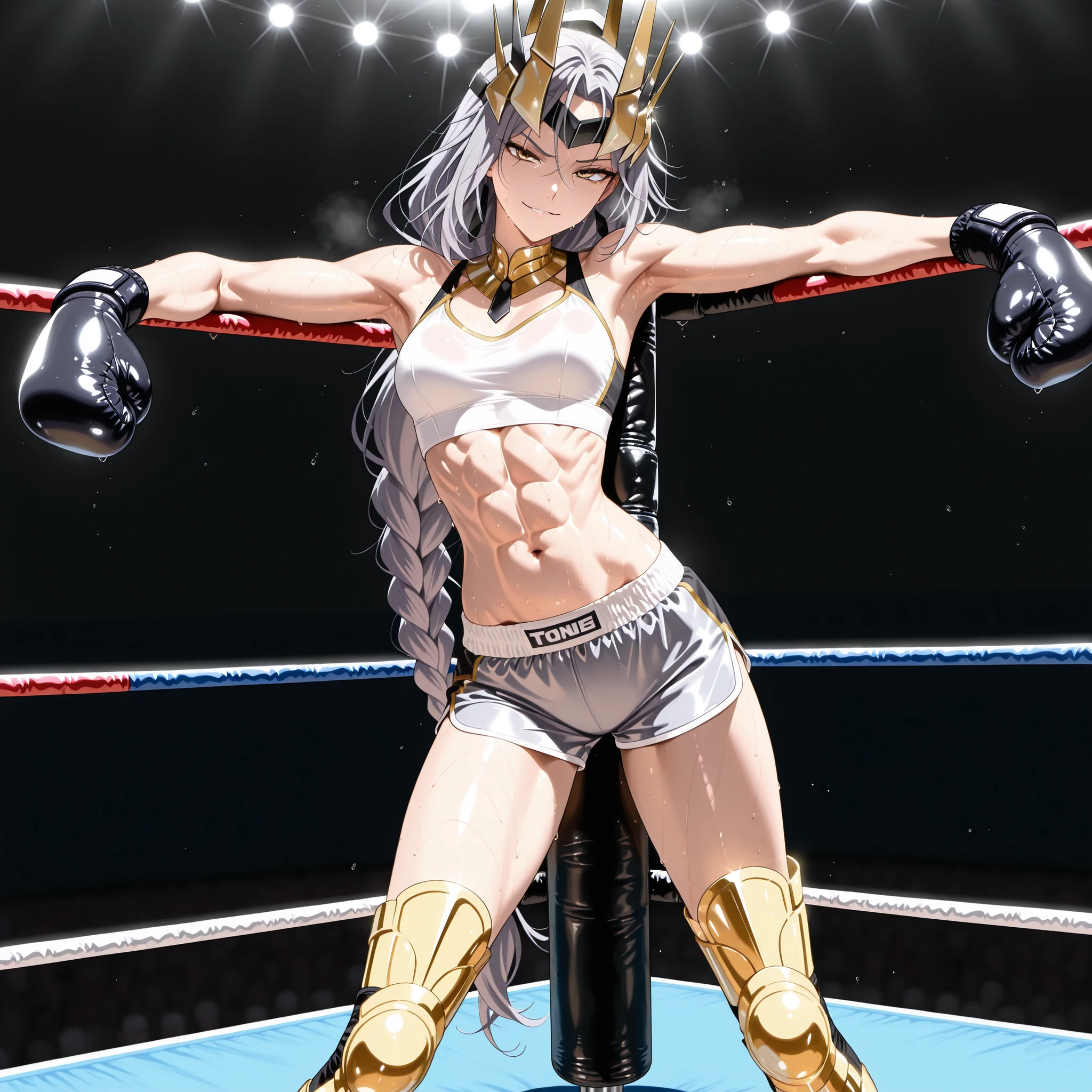 Queen (To be hero x anime), 1girl, boxing, tonned abs, tonned body, tonned abdominal muscles, slim figure, slim body, sweat, thighs, armpits, belly, knees, slender long legs, armored thigh high boots, long hair tied in braids, white/grey hair, hair ornament, head ornament, golden ornament, yellow eyes, black boxing gloves, white sports bra, silver boxing shorts, boxing pose, chest visible, looking at viewer, smirk , standing straight, wrestling ring, leaning slightly backwards on the corner post, arms resting on top of the ropes of boxing ring
