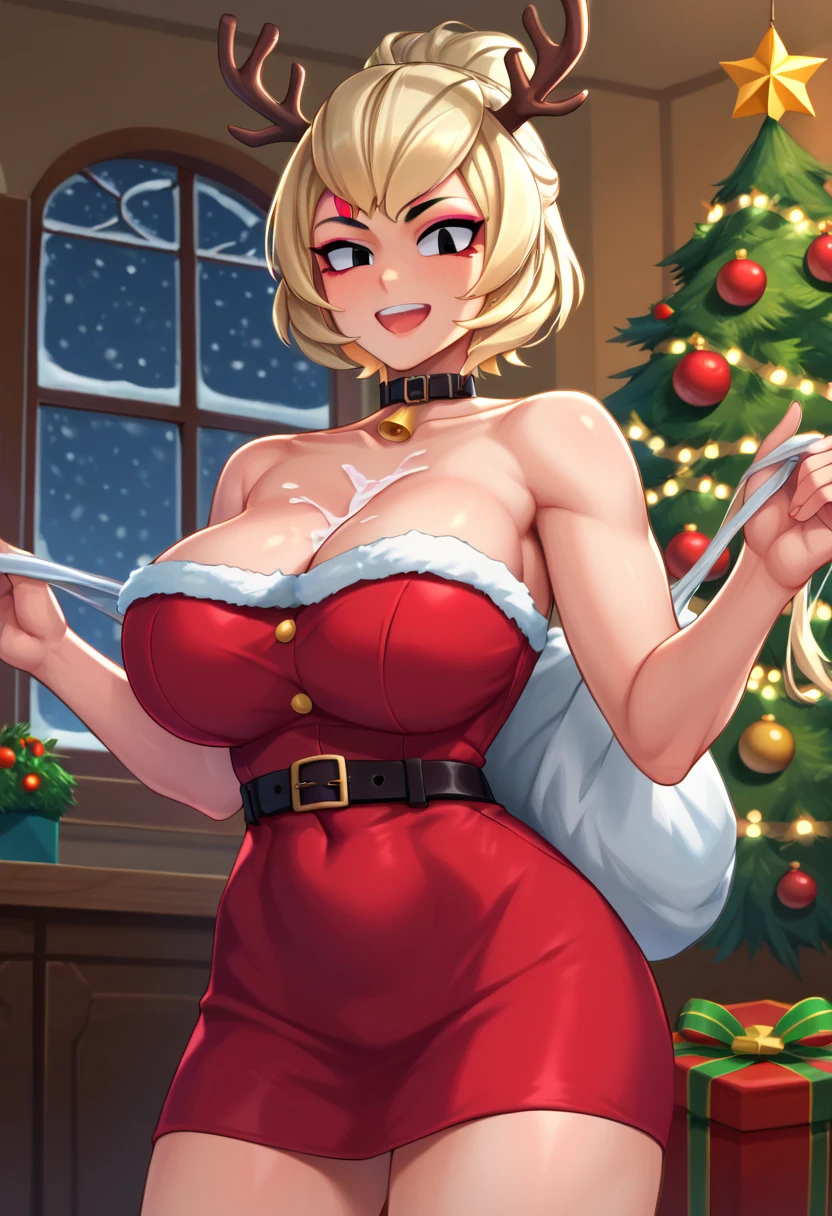 masterpiece, best quality, 1 solo girl, dark blonde hair, blue eyes, short hair, wavy hair, Christmas ornaments, medium breasts, mature body and face, red santa dress, christmas, christmas light, christmas tree, red gloves, red santa skirt, holding gift, red bra, red panty, leg up, cowboy shots, sexy pose, dakimakura, ultra-detailed body, face, and eyes, sharp focus, vibrant, creative, dynamic, high definition, high resolution, 8k, (Upscale: R-ESRGAN 4x+ Anime6B), (Image enchance:4x), voluptuous body