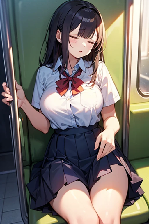 (8k, RAW Photos, 最high quality, masterpiece:1.2), high qualityのRAWカラー写真, Professional photo shoot, Cinematic Light, alone, (((young woman, Gal))), (Sharp features), (Small face), (Skin with attention to detail:1.2), clavicle, Cute face, Beautiful appearance, Long eyelashes,Girl Turning Around, smile, (Black Hair, Long straight line), high school student, Red tie, High School Uniform:1.2, Black jacket, Open jacket, Jacket cuff buttons, White shirt, Check skirt, Night Park, sit in a train seat, Confident attitude, Capture the happy moment, Artistic painting,Attractive thighs, Short socks:1.2, sneakers:1.2, (Very fine touch:1.2), (はにかんだsmile), Peaceful atmosphere, Oil painting style, Dark colors, (Sitting:1.5, Crowded train, Full body portrait), Smooth texture, Gazing Eyes, Beautiful Skin, Shiny skin, ((Perfect Fingers, Five Fingers, Anatomically correct)), Background Blur, high quality, Surreal, ((Very detailed, photo shoot)),,(((Lift your shirt、I can see your chest)))、Bend your waist、Spread your legs wide、深night、night