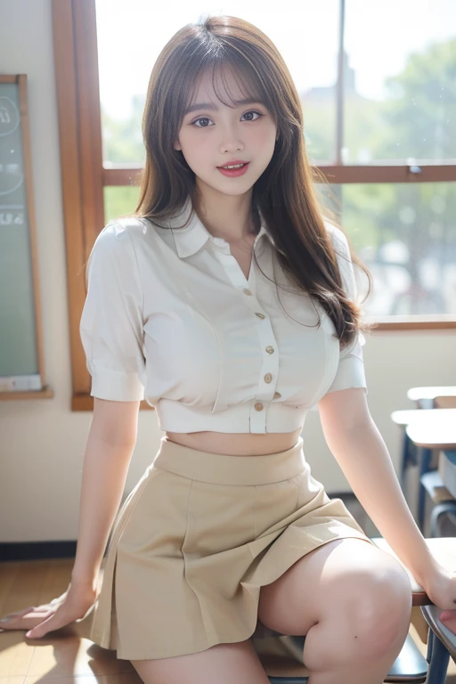 ((Beautiful Japanese Woman:1.3)) ((35 years old beautiful:1.5))((thin white blouse:1.4)) ((Panty shot:1.5)) ((high school)),((Dark blue mini skirt:1.3)) ((In the classroom:1.3)) ((thin_fabric:1.4)) ((Sit on a chair with your legs spread:1.5)) ((White sexy panties:1.5)) ((Emphasis on the crotch:1.5)) ((Random sexy poses:1.3)) ((Sweaty:1.5))((Blushing:1.4)) ((Big Breasts:1.4)) ((close:1.2)) highest quality,masterpiece,Ultra-high resolution,(Realistic:1.4),RAW Photos,(Real skin texture:1.3),(Film Grain:1.3),Panorama,Portraiture,Very wide shot,Tight waist,Cowboy Shot,(In the Dark, Deep Shadow, Moderate, Cold Light,) night,(()),Tears flow,,Dust,Tyndall effect,(performance),One Girl,Beautiful and detailed eyes and face,White Jabot,Brown eyes,((brown hair:1.2)) ((whole body:1.3)) ((smile:1.3))