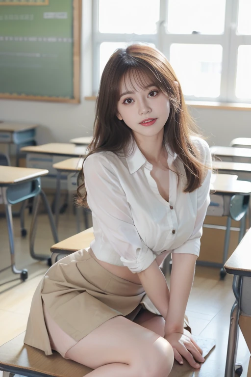 ((Highest quality、Tabletop、8K、Best image quality))、(1 photo:1.5)、very saturated、1 、Uniform shirt、pink plaid pleated skirt))、The happiest smile、Look at me、Wavy Hair、(studying in classroom:1.3)、School classroom background、Long eyelashes、Perfect Makeup、Accentuate your body lines、Big ample breasts、Blonde、Accurate anatomy、(Perfect Hair:1.2)、sexy、Patsupa shirt