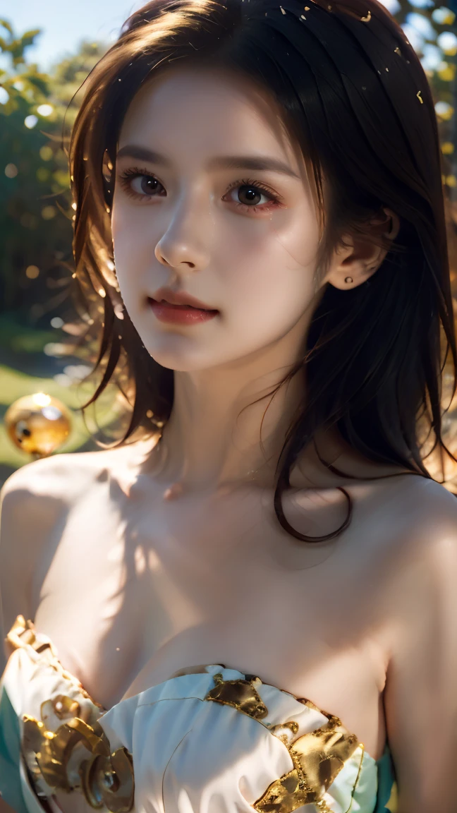 This Photo Consists Of Women, Beautiful, Cutes, Baby Face, 15 Years Old, White Skin, ((topless:1.5)), medium round Breast, Muscles, Athletic, Girly, ((nipples perfect)) , messy hairstyle, Gradient Coloured Hair with Bangs, Sexy Look, Masterpiece, Adorable, Posing Because She knows She Will be Photographed, Beautiful Large Eye, Dramatic Vintage Lighting, fold your arms across your chest, seductive & attractive pose, ((wear a batik sarong around the waist)), highres, beautiful armpit , sit cross-legged, smiling, beautiful and delicate water, the finest grass, very delicate light, nature, painting, water spray, breeze, flowers and grass meadow, near the water edge, (sunset, starry sky in a circle), randomly distributed clouds, river, splashing water, , falling petals,