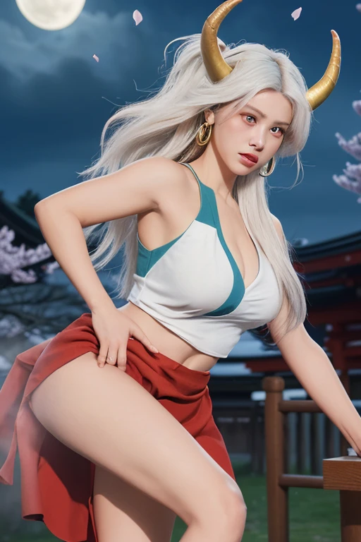One girl, solo, top ponytail, silver hair, coming towards you, red eyes, red pupils, red lips, waist-length hair, large breasts, ball-shaped breasts, tight waist, gentle face, beautiful Japanese woman, five fingers, Japanese style, dancing Bon Odori