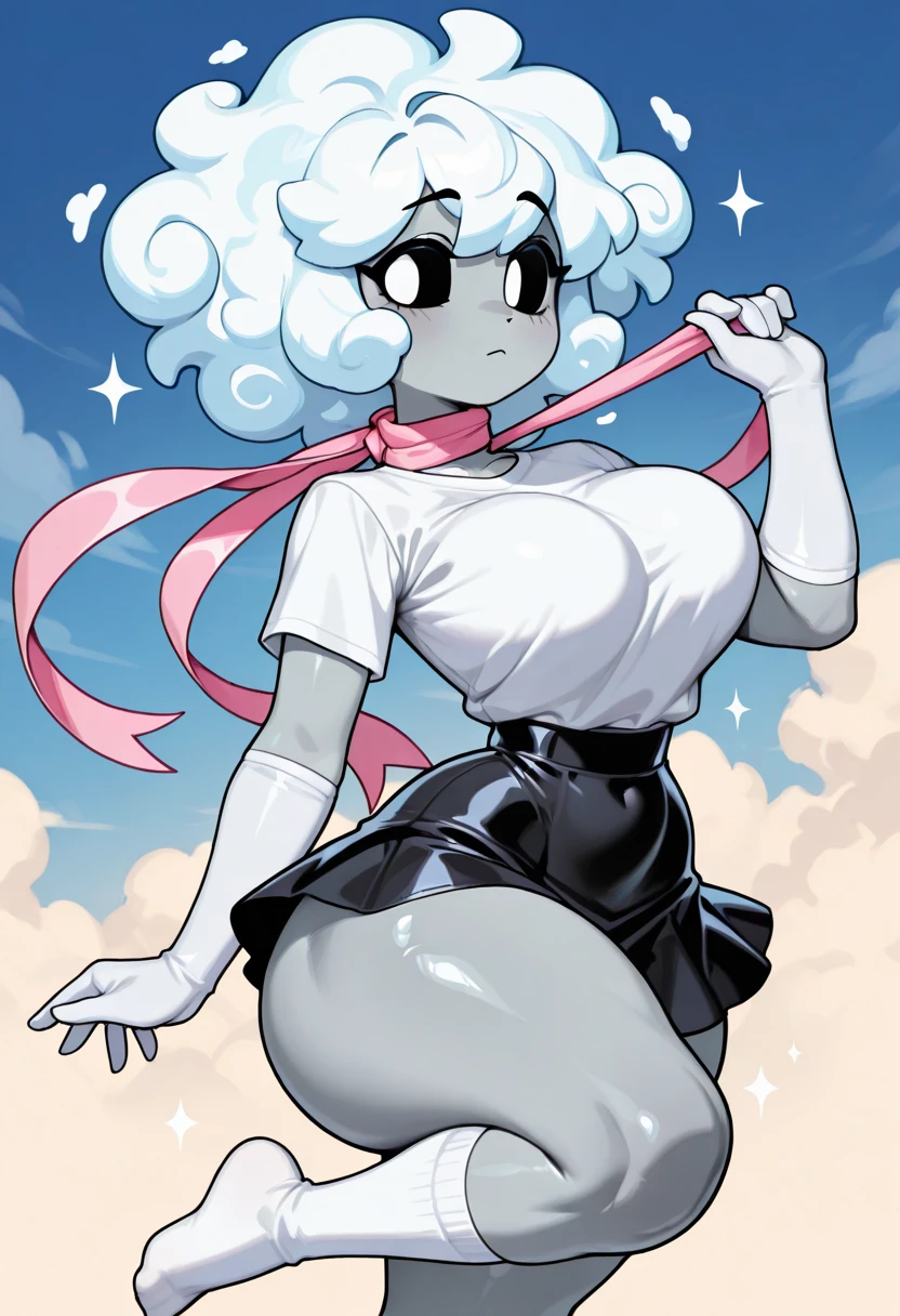 Clay Mann, dazzi, white hair, hair over eyes, covered eyes, purple skin, purple tube top, laid back in a white cloud, pony tail, single horn, smile, grin <lora:DazziPal_V2:0.7> <lora:Retro_Anime:0.3>