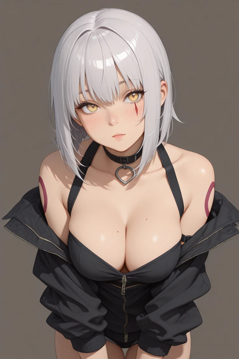 1girl, arm tattoo, bare shoulders, black nails, black thighhighs, breasts, choker, cleavage, hair over one eye, hand tattoo, huge breasts, jacket, jewelry, looking at viewer, off shoulder, red eyes, ring, short hair, short hair with long locks, simple background, solo, tattoo, thighhighs, white background, white hair,(realistic:1.15),(shiny skin:1.2),(masterpiece:1.4),(best quality:1.4)