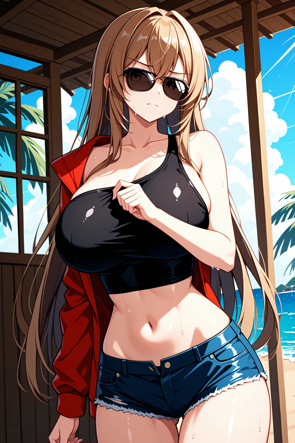 Blonde straight hair, large breasts, thighs, bikini, open jacket, necklace, (best quality:1.5, highres)