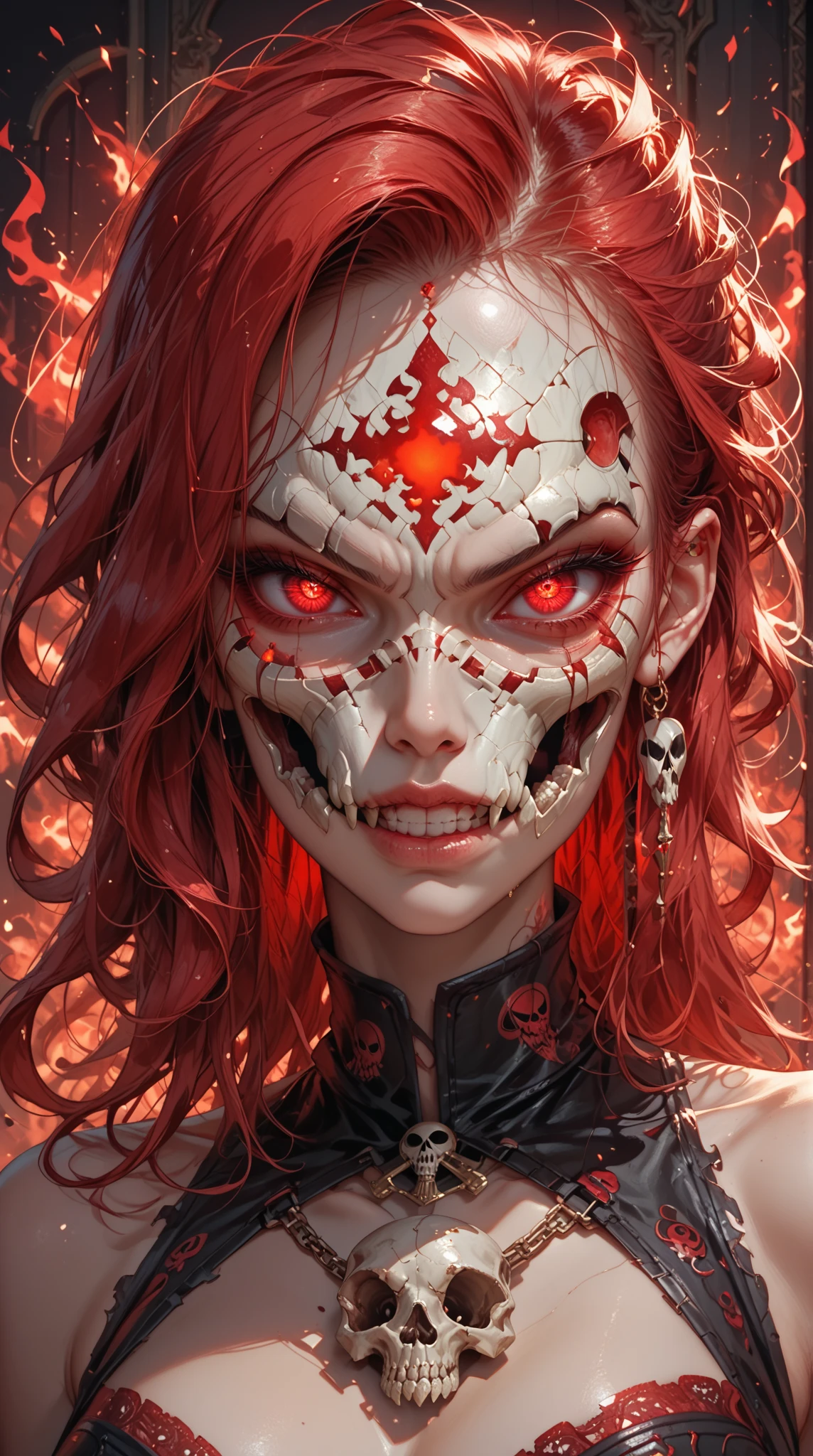 official art, unity 8k wallpaper, ultra detailed, beautiful and aesthetic, High quality, beautiful, masterpiece, best quality, (zentangle, mandala, tangle, entangle:0.6), flat color, limited palette, low contrast, a cute red haired girl with green eyes and black horns serving cake to demons, pink, bright pastel colors, kawaii, (horror), eerie, rabbit skull, goat skull, in hell, creepy, demons, claws, best lighting
