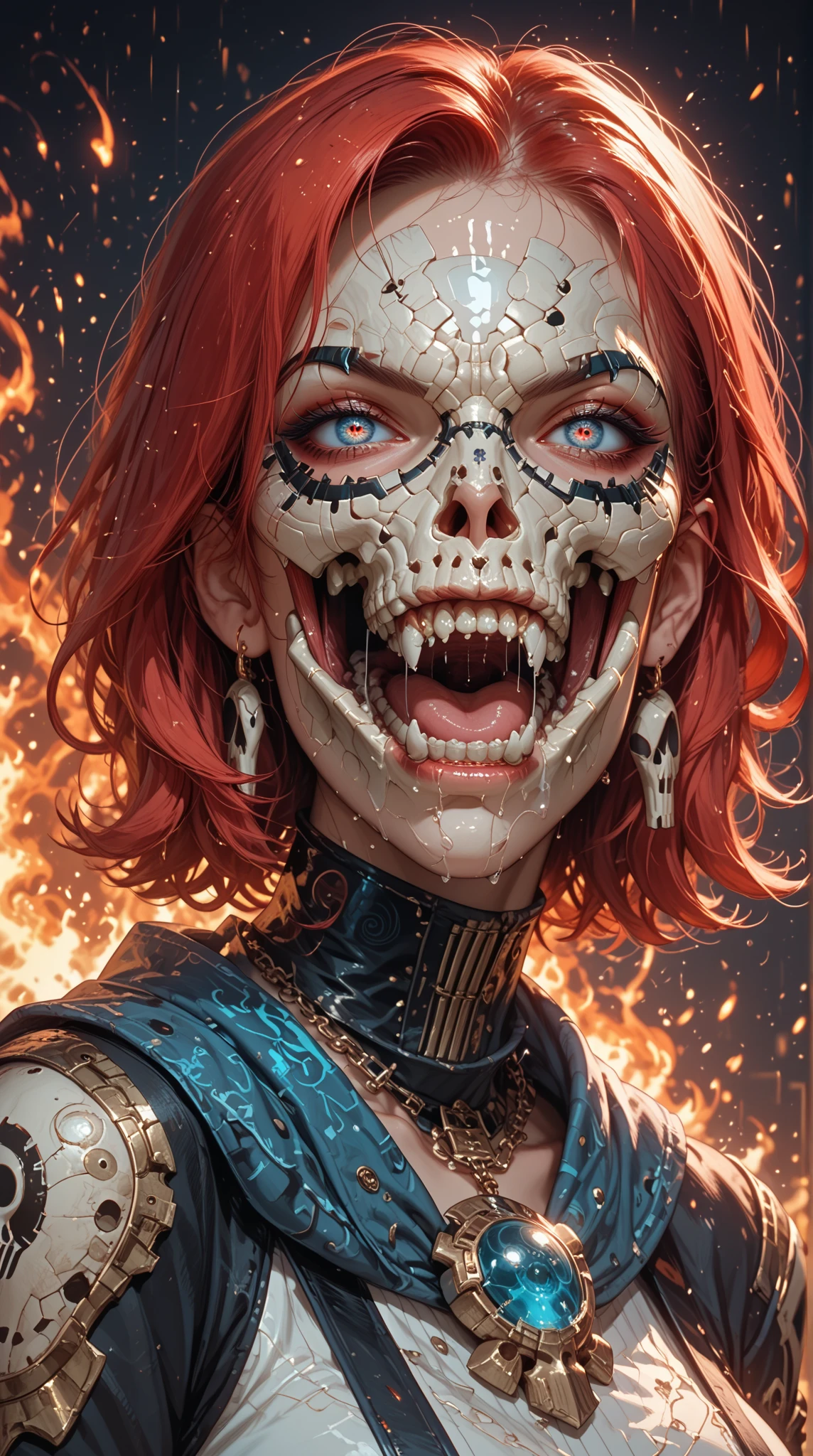 Highly detailed (Dan Mumford:1.2) portrait of a adorable zombie woman 13 years with round, expressive eyes and a scary smile, (fantastic amazing decoration:1.2), abstract beauty, explosive volumetric, Perfect anatomy, (best quality, 500px, 64k ultra hd:1.1). (A perfect finished work of official art:1.1). Digital painting (ART By Apterus, ART By Dan Mumford, Anime Style:1.1)
