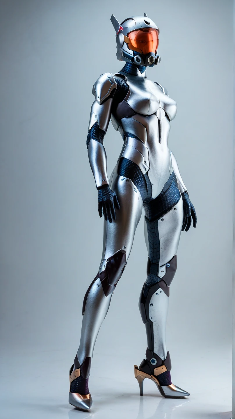 full body photo of a beautiful young woman from Ukraine <lora:Robotizer:1.65> full body shot, frontally, arms beside the body, as the night manager in a fancy hotel, tack sharp