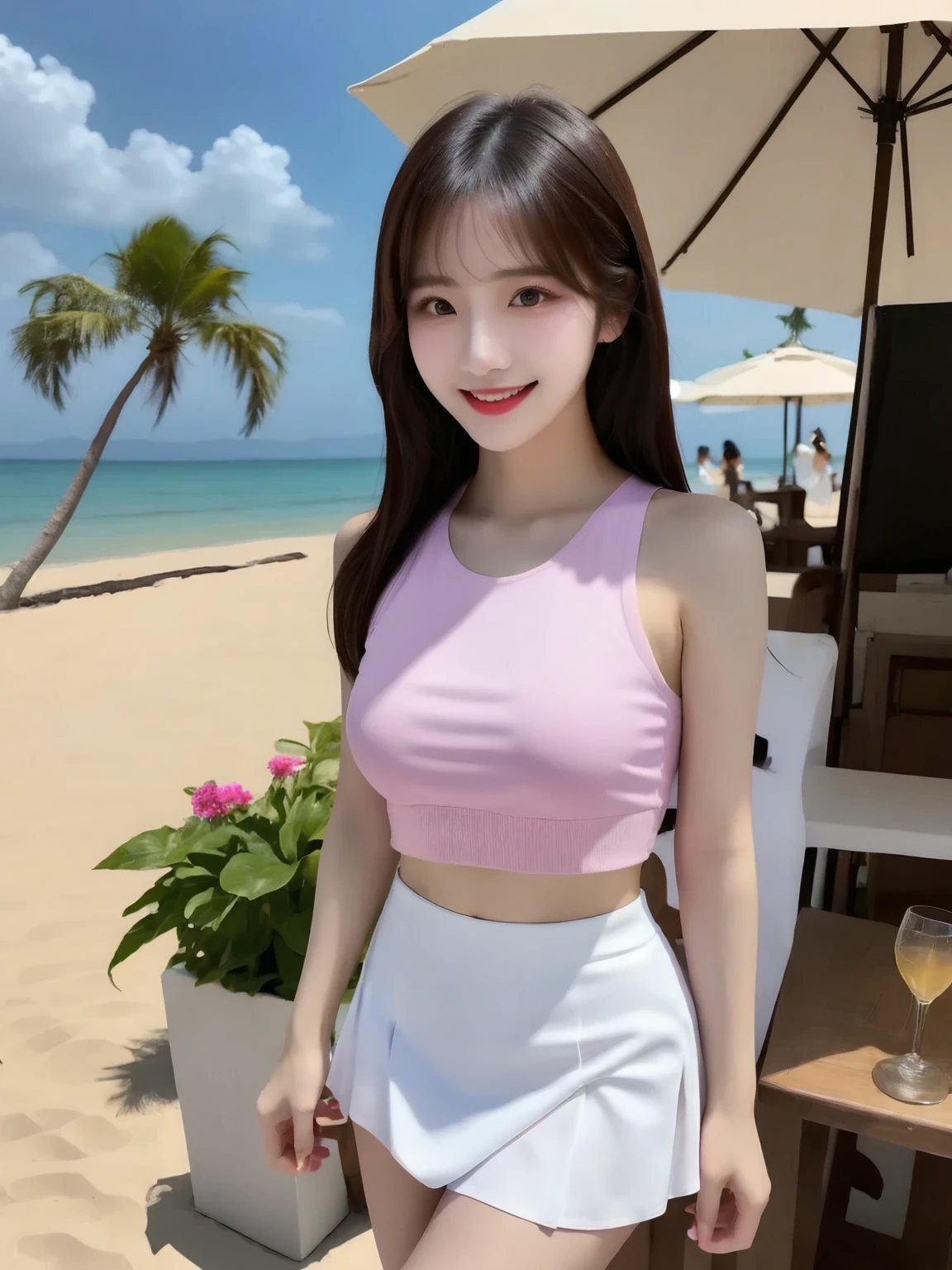 21 years old girl. Face looks like Nozomi Sasaki. What a beautiful girl. Realistic. Dream body shape. Sexy look. Wearing short, crop top and sunglasses at vacation. Photoshoot not looking camera. Looking a parakeet