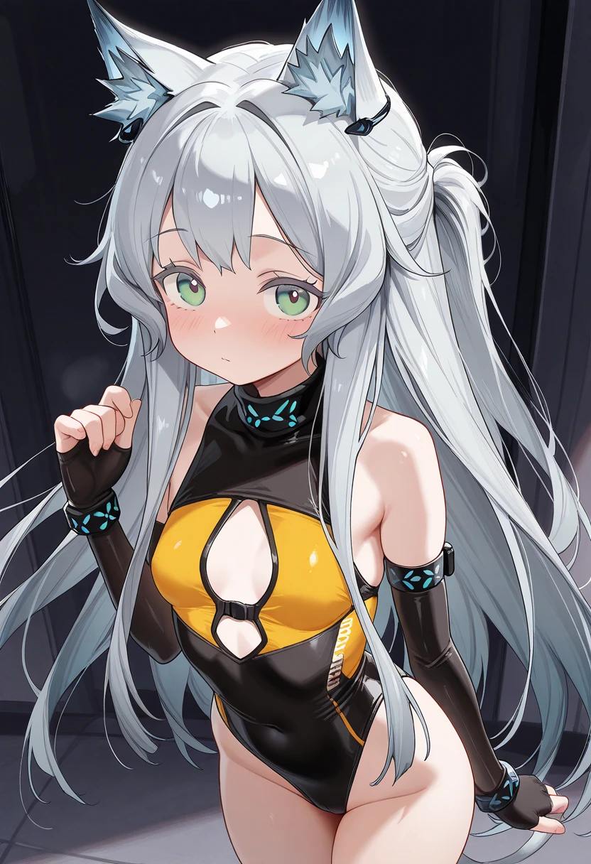 perfect anatomy, masterpiece:1.4, best highres, 16k, (in the night bedroom), (Bunny girl style) (low-angle:1.3) (solo:1.3 ponytail green hair long hair cute bunny girl), ((15 yo)), (cute yellow eyes, best smile), break, (in a sexy:1.3 yellow bunny leotard), (Both legs with detailed black Fishnet tights:1.2).
