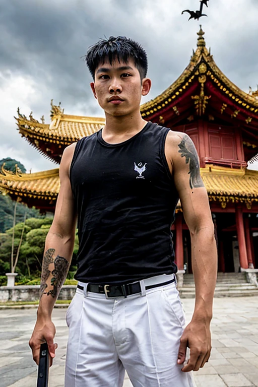 1 Chinese man 2 He is holding a flag 8 meters long and it is the flag of China 3 he has a black background 4 he has six-pack abs 5 he has tattoos of Chinese dragons 6 The man is half naked 