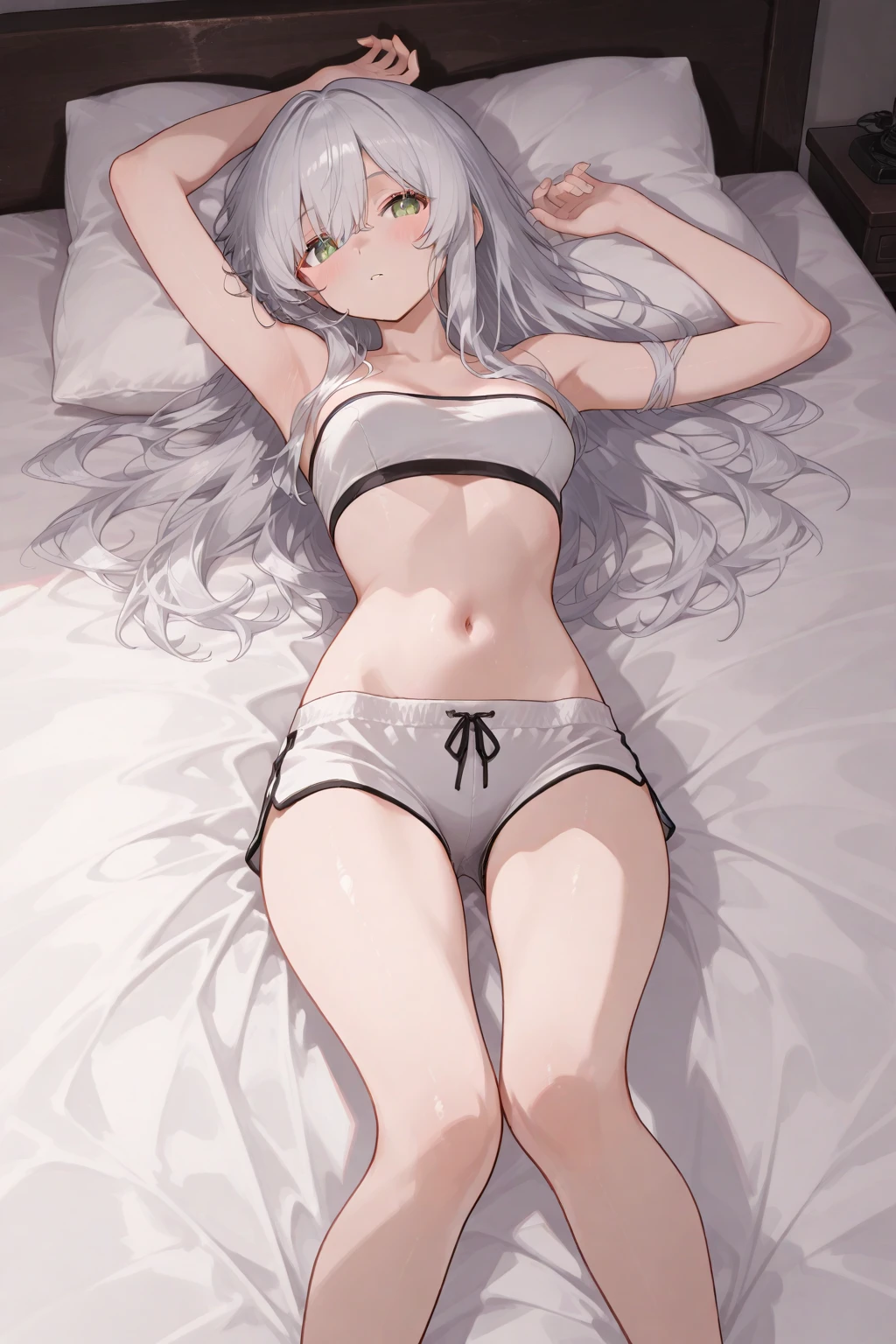 ((((masterpiece, best quality, high resolution)))), 1girl, white hair, red eyes, short wavy hair, average breasts, blush, light smile, glow, thighs, bare shoulders, collarbone, narrow waist, cleavage, (beautiful detailed face, beautiful detailed eyes), bedroom, night time, lying on bed, arms up, (from above view), (white lace lingerie, garter belt), hands behind head,