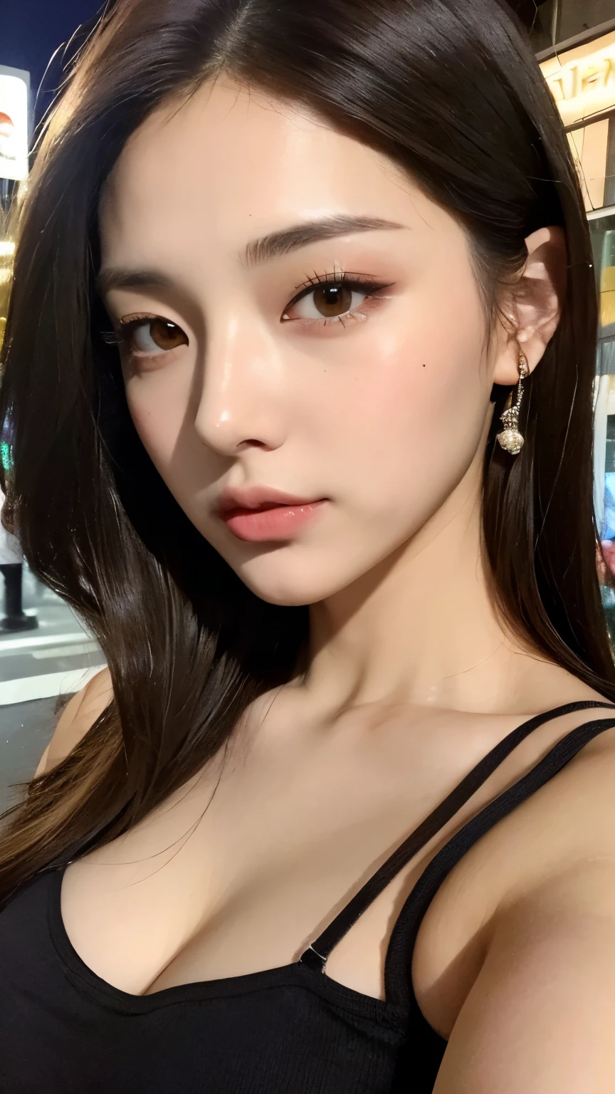 ((Midnight, Acura, 8K, Masterpiece: 1.3)), Full body, Long legs, Focal length: 1.2, Perfect Body Beauty: 1.4, Slim Abs: 1.1, ((Dark Brown Hair, Big Breasts: 1.2 )), (Satin Drape Flowing Temperament Swing Neck High Slit Long Slip Dress, Standing: 1.2), ((Selfie Don't Leak Out of Mobile: 1.6)), Highly detailed face and skin texture, Detailed eyes, Double eyelids