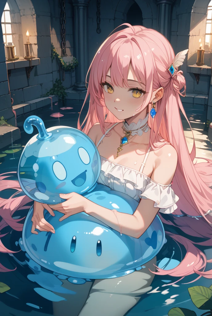 1female、When I was reincarnated, I was a slime character（Mirim）、Demon King Mirim、​masterpiece、top-quality、Mirim's Face Accurate、blue eyess、animesque、A pink-haired、Twin-tailed、Proud twintails、