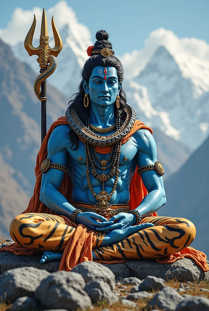 ((best quality)), ((masterpiece)), (detailed), lord shiva sitting at the top giving blessings upon the land, lush grass with flowing river beautiful, Realistic, life like , amazing , sun rise , with mountains and lush forest in the background, shiva is sitting cross legged. With Cresent on the head. Cobra sitting with shiva , add a trident in shivas hand upright on his left hand. On the right hand shivas blessings must be given with sun rays. Shivas palm must be facing forward. Snow topped mountains, lord shiva must have blue skin. Below lord shiva is lord Hanuman, Lord Hanuman is sitting cross legged in a natural position, lord Hanuman has a golden mace in his hand. Lord shiva has a cobra and peacock next to him. Full image , wallpaper. 2 people, blessings, realistic, classic , warmth.