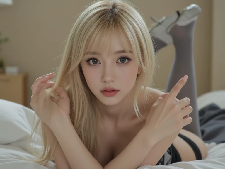 best qualtiy,tmasterpiece,超高分辨率,(realisticlying:1.4),RAW photogr,1girll,blond hairbl,eBlue eyes,Detailed eyes and face,Dark gray sex tunic,(semi transparent ),动态照明,in the darkness nigth,deep shading,low tune,Photograph the full-length body