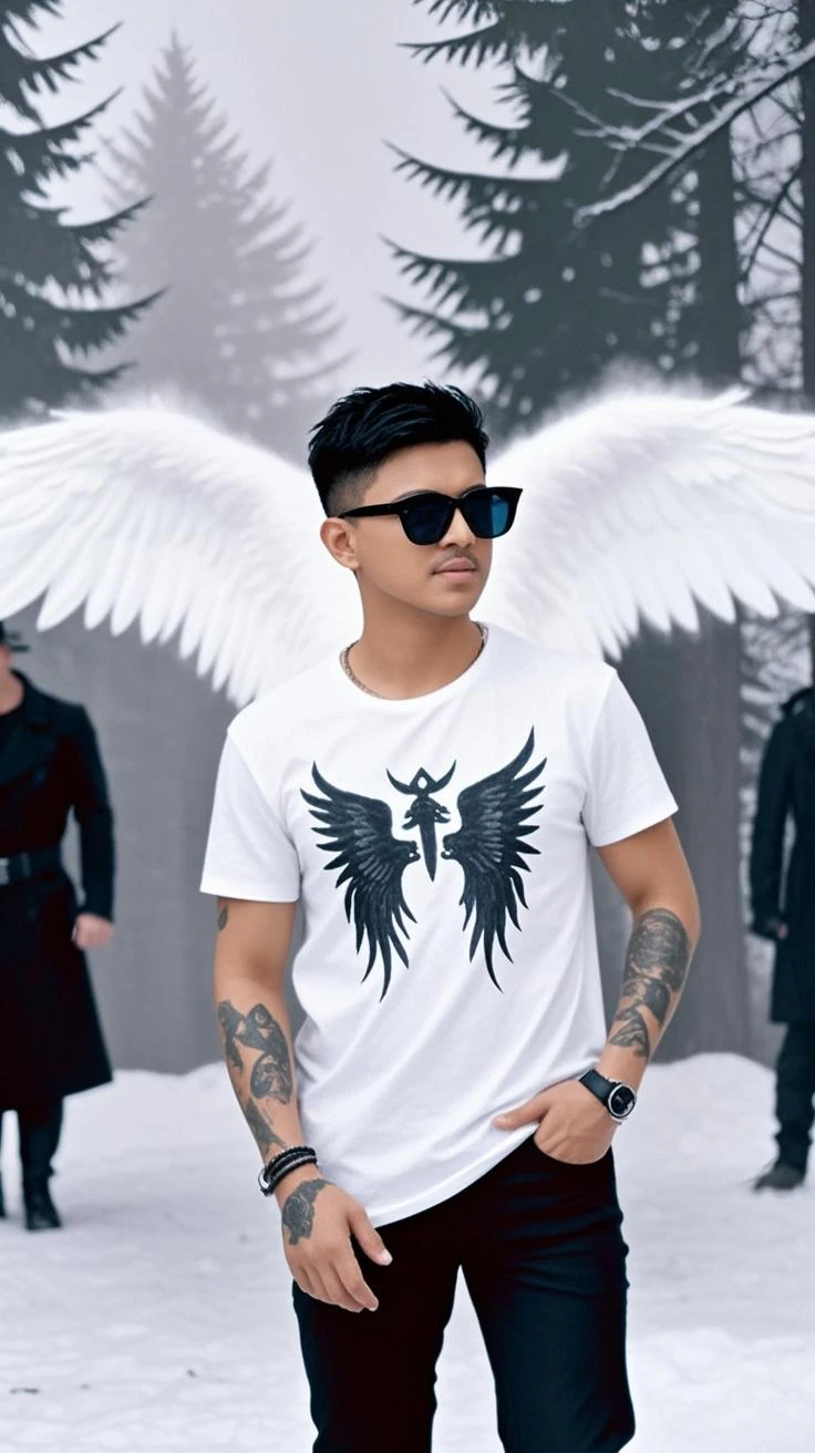 1 protagonist character, young handsome, LatinLover OC, beautiful face, attractive feature, skin dark-tanned, blue eyes, demanding expression, big white wings coming with the backpack, 2 wings of angel, physical fitness, combat stance, man long haircut medium, black brown hairstyle, small beard, men's clothes, casual shirt,complete outfit, anatomically correct, full body tattoo´s, environment: Valley