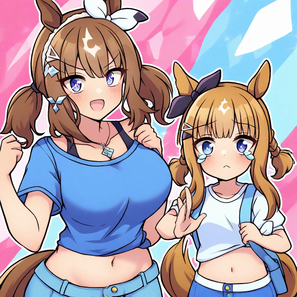 (pregnant toddler girl:1.5),chibi,2girls,long blonde hair tied with a string,standing,laughing