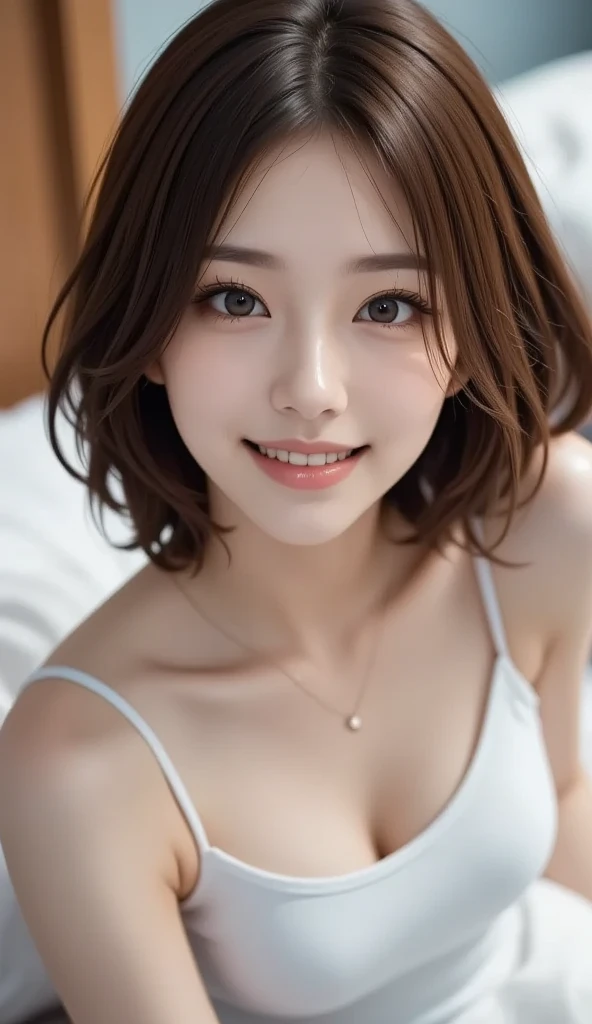 (Realistic silk panties:1.3),(Look directly at the viewer:1.5),(Big smile:1.2)32K, masterpiece, RAW Photos, Highest quality, Realistic, Highly detailed CG Unity 32K wallpaper, Depth of written boundary, Cinematic Light, Lens flare, Ray Tracing, (Very beautiful face, Beautiful Lips, Beautiful Eyes), Complex and detailed face, ((Highly detailed skin)) One Girl, Deep Shadow, Cutest Japan Girls, Super Idol, 1 girl,(Smile:1.3), Clear Eyes, Front shot, (Pale skin), (Big eyes:1.2), Look forward, (Brown Hair), Thick thighs, (Japanese School Uniform:1.1),(double eyelid:1.3),Long eyelashes,(White panties:1.2),Balanced and elegant face,(Small Mouth:1.1),Droopy eyes, Cute ass, Big Hips