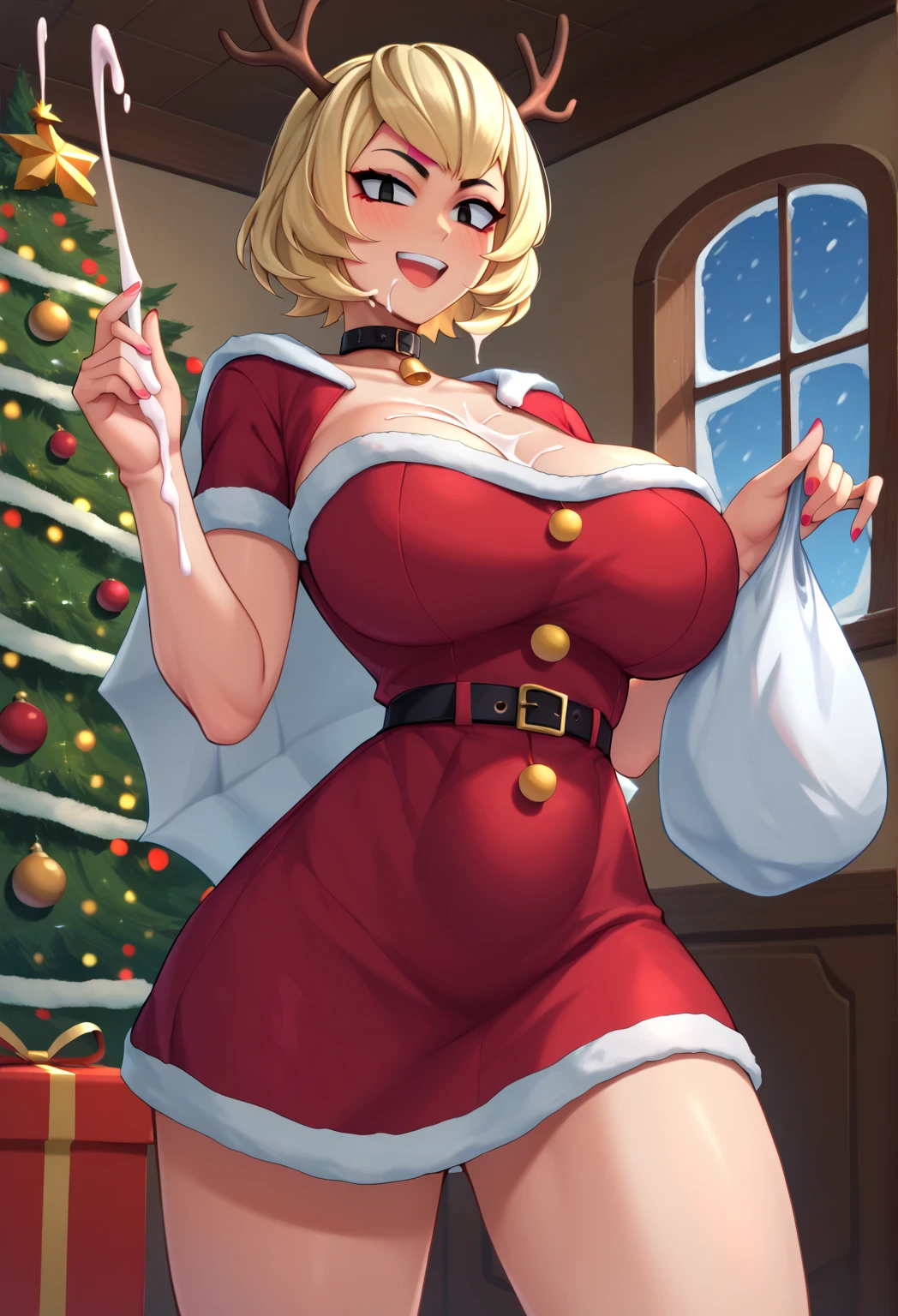 high detailed, masterpiece <lora:p3r3zstyle_v2:0.6> 1girl cartoon character, posing sexy, subtle smile, pouting, full lips, blonde hair, christmas hat, brown eyes, perfect hands, big breast, wide hips, thick thighs, red dress, Santa Christmas Dress, black high heel boots, ultra realistic digital art, a 3D render, photorealism, clean scene, white background, white wall, shinny floor, white floor <lora:Latex_Santa_Christmas_Dress_By_Stable_Yogi:1>