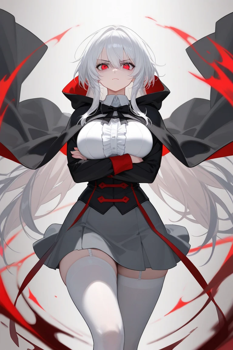 1girl,solo,grim aloe,demon horns, black_dress,standing,cowboy shot, demon wings, albino,evil smile, naughty face, hand on hip, ojou-sama pose, demon tail,, massive boobs, big thighs, huge breast, big boobs