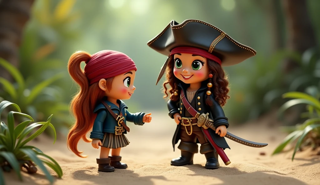 Three female child pirates at Pixar, two with red hair and one with black hair
