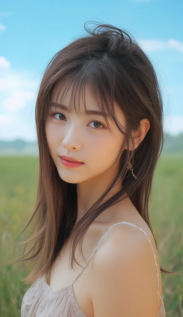 Masterpiece, 1 Beautiful Girl, (Reality 1.4), Japanese, Asian Beauty, Super Beautiful, Beautiful Skin, Thin, (Full Body Image), (Ultra Reality), (High Resolution), (8K), (Very Fine) , (beautiful detailed eyes), (very detailed), (detailed eye description), big eyes, brown eyes, long eyelashes, detailed face, shiny lips, bright lighting, professional lighting, camera Line of sight, serious expression, looking straight ahead, long hair, brown hair, seascape, Nogizaka idol, actress, 20 years old, white shirt, cleavage cut, baby face, moist and realistic skin texture, moist lips, natural shadow, (Raises arm)