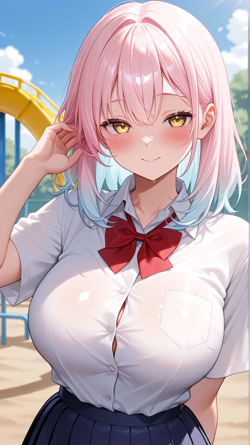 Located in a classroom in a school，There are a lot of male students in the classroom，A little girl with pink hair（Pink double ponytail，Cat ears，The upper body is wearing a white school uniform，There are no clothes on the lower body，Petite body，Pale pink eyes，Clothes are torn，Ragged clothes，Broken white stockings，gigantic cleavage breasts，Private areas exposed，female genital，A white viscous liquid flows from the female genitalia，Masturbation，shyexpression，teardrop，Malu，Masturbating in front of numerous male students）