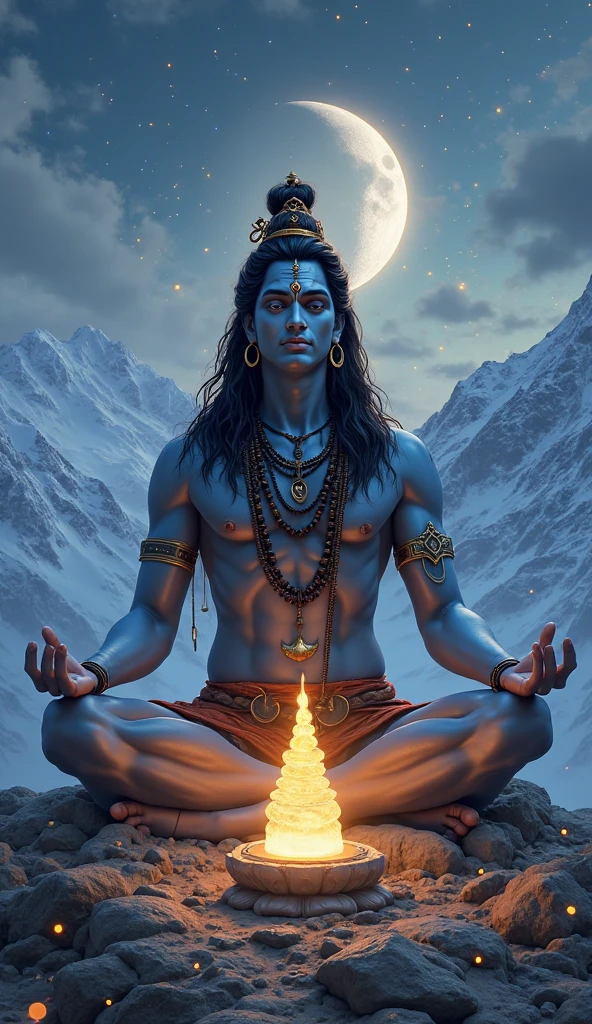 make a picture of lord Shiva, handsome, side view, background universe, lord Shiva grey colour skin, body with aura, body with aurora, handsome, blue glowing with 3rd eye, background colour universe , meditate under the cherry blossom tree, Mahadev, Shiv, wearing tiger skin , rudraksha, with glowing 3rd eye , rudraksha in biceps, under the cherry blossom tree , glowing aura, glowing blue eyes , Mahadev, Shiv , side view , meditate .