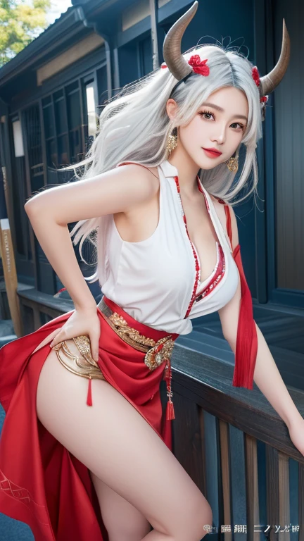 ,rich and colorful,(masterpiece:1,2), best quality, masterpiece, high resolution, The original, Extremely detailed wallpaper, 1 Girl ,Smile,Solitary, Gray hair, blue eyes, The original_clothing,Red Cape,White pants, Gloves, breast, , large breast