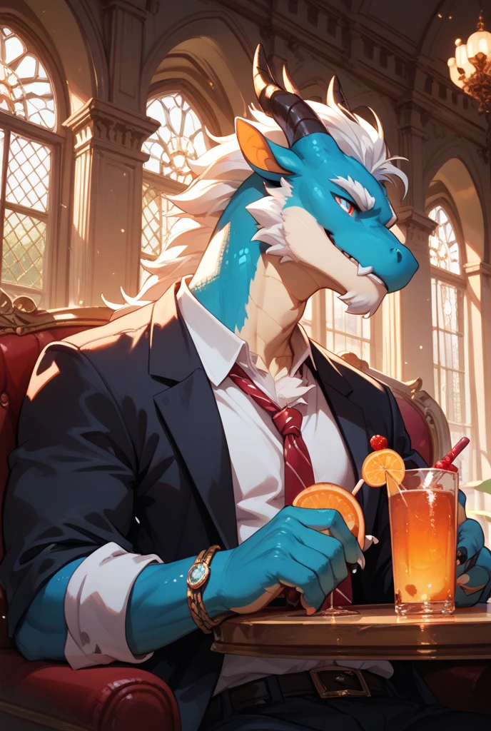 Drunk Young Lizardman、Black body、White belly、Toned body、Two white horns、Sparkling blue eyes、Friendly friend、Square glass in hand、Colorful drinks、cyber punk、Dark Night Tavern、Inside the store、cool、Cute Smile、