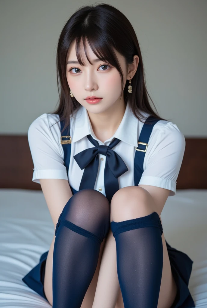 Real、Highest quality、cute、girl、high school student、ponytail、Brown Hair、Beautiful eyes、Beautiful Lips、Navy blue pleated skirt、White shirt、A bow tie、Black socks、Slightly larger breasts、Hanging from the wall、Bed in the room、Sitting with legs together、Skirts and socks scattered all over the place