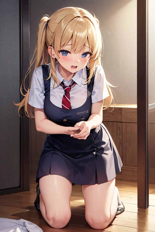 nurse, nurse, Kitagawa Marine, 1girl, blonde hair, long hair, multicolored hair, red eyes, jewelry, earrings, piercing, black choker, skirt lift, panty shot, Squatting, blush, lure, Alley