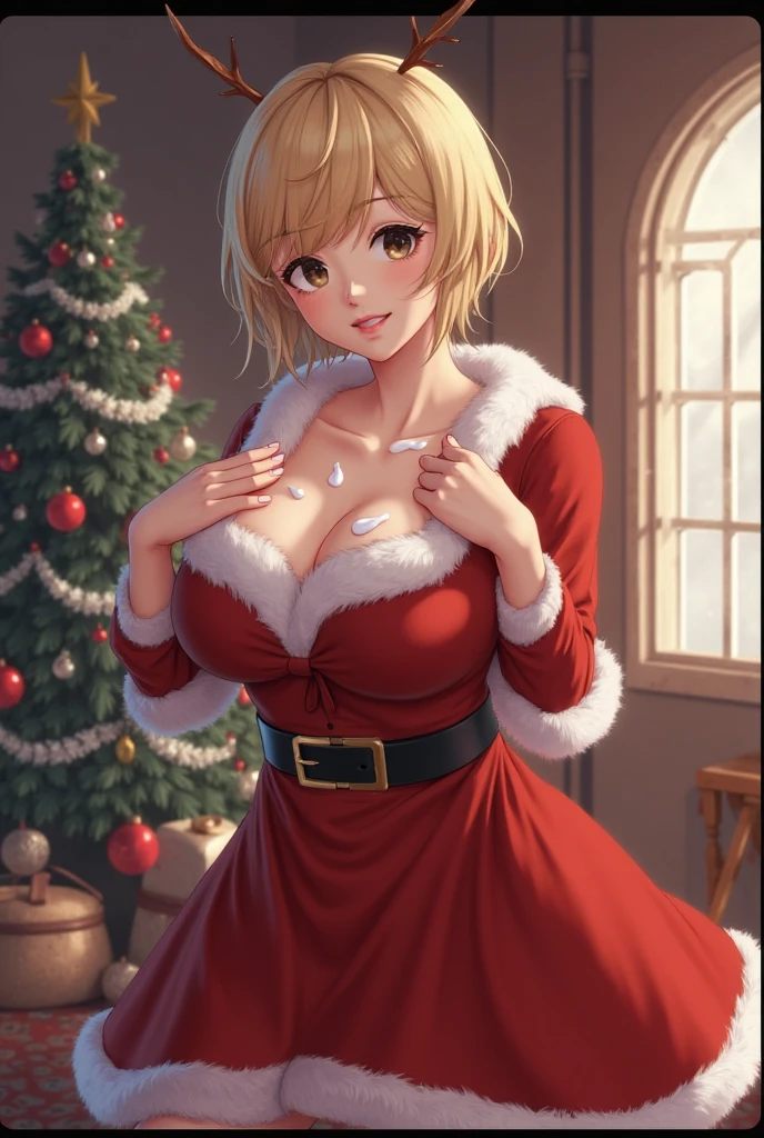 Big, soft breasts ((beautiful and cute tanned 25 year old girl)), (((((natural short blonde hair, channel cut style with bangs, with Christmas earrings))))), double eyelids, detailed light green eyes , hyper-detailed eyes, light effect on the eyes, detailed iris, has an extremely sexy appearance, with incredible breasts and perfect waist, and an extremely sexy body, stylish sleeveless red silk dress, cowboy shot, beautiful makeup, cleavage , ((masterpiece, hyper realistic, hyper detailed, best quality, 16k, Light and shadow effect on skin, vivid colors)), eyeliner, passionate expression, perfect lips, innocent and sexy face, shy smile, ((skin with light and shadow), beautifully seductive, passionate, embarrassed, ((she is beautiful)), sensual pose: 1, 2 looking at the viewer, seductive look: 1,1, field of flowers, beautiful flowers