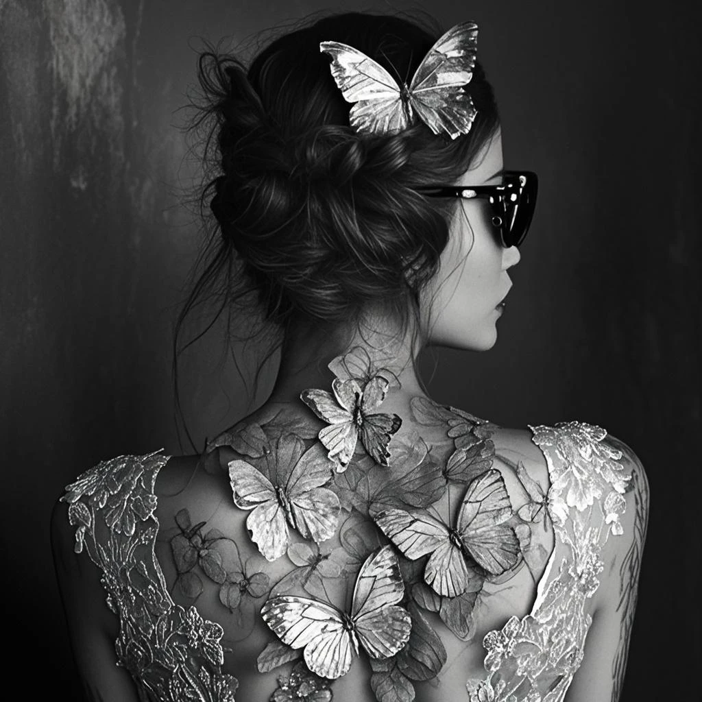 neck Tattoo, upbody, backview, from above, detailed background, by Helmut Newton, best quality, masterpiece, very aesthetic, perfect composition, intricate details, ultra-detailed