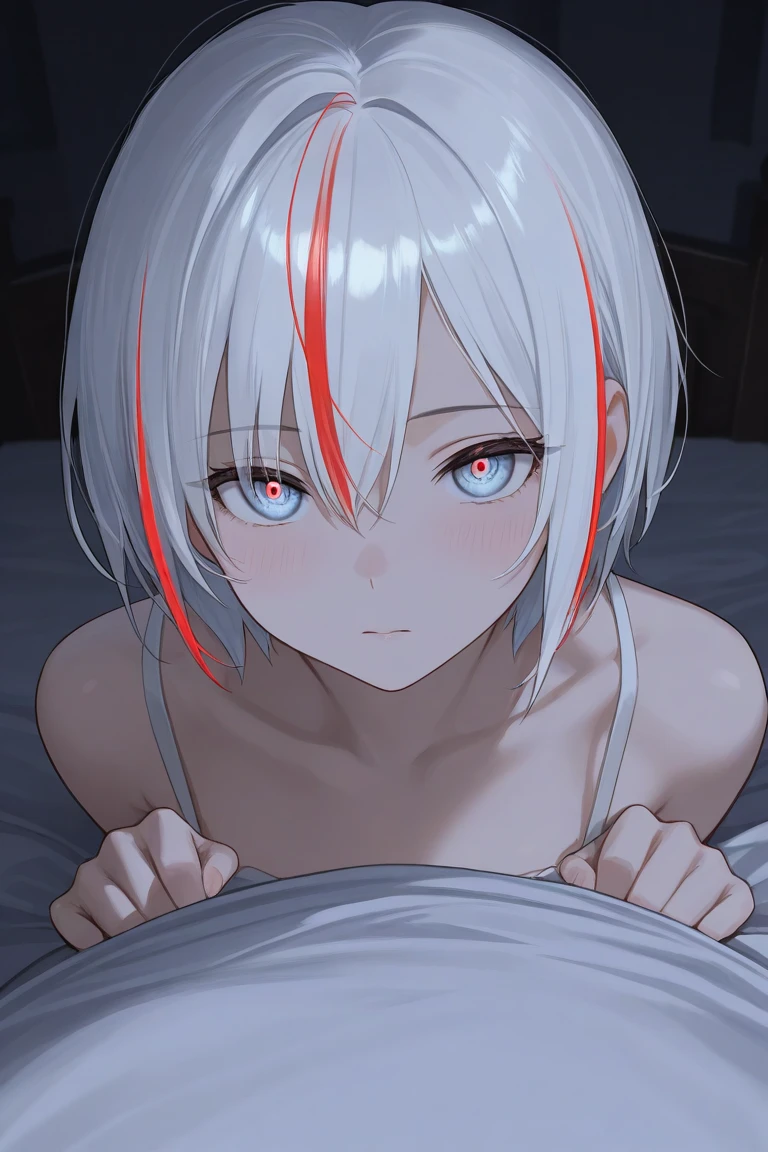 Best Quality, (Masterpiece:1.2), High Detailed, Cat Ears, 1girl, solo, tojo koneko, red eyes, white hair, short hair, hair decoration, black neckband, erotica, sleeveless, bare legs, healthy skin, ((swimsuit)),(( cum, cum on face, after sex))