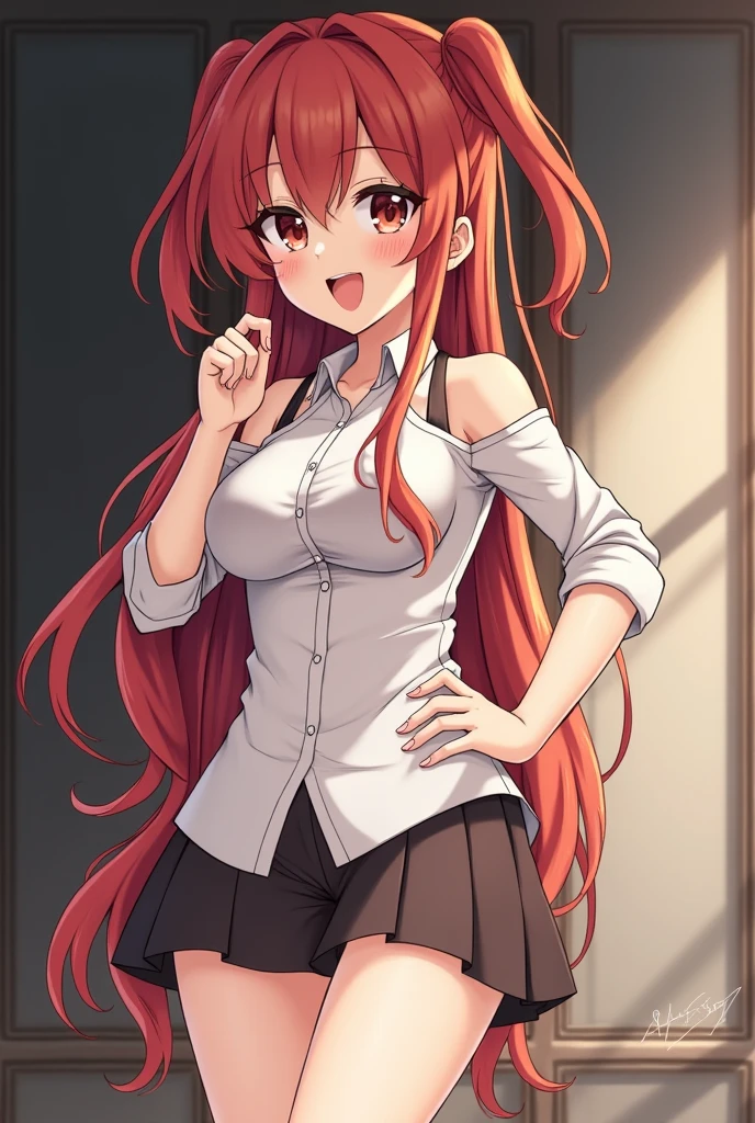 1girl,alonekaede kazama, red eyes, long hair, cleavage, solo, smile, collarbone, upper body, braid, red hair,large breast , casual, casual outfit , crop top , crop top overhang,