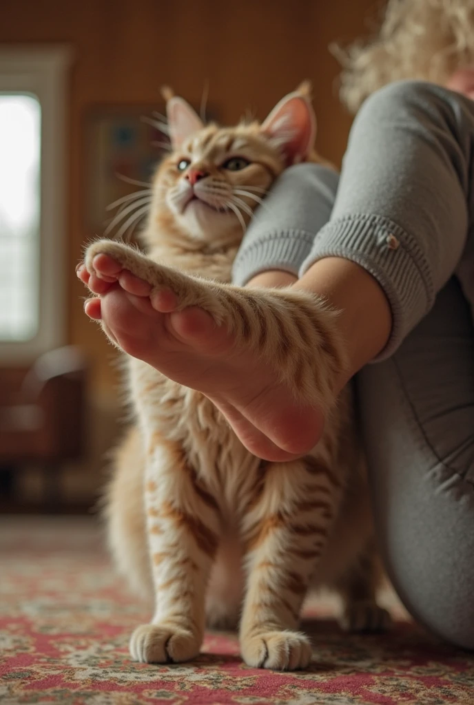 a cat grl nude on bed with her legs raised.