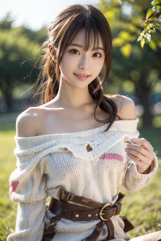 ((Best Quality)), ((masutepiece)), (hight resolution)、(Detailed), ((Oblique view from above))、((Take a full-body photo of the subject))、Idle face、Perfect face，large full breasts、pretty skin，Cute 18 year old Japan girl，Short cut brown hair，Braided hair、Great smile，Autumn Park、(sit on a bench)、Autumn Women's Fashion、Sweaters、a miniskirt、beautiful thighs and ankles、Inner Stock、stretch out your thin legs、(Wear short boots)、a necklace、耳环